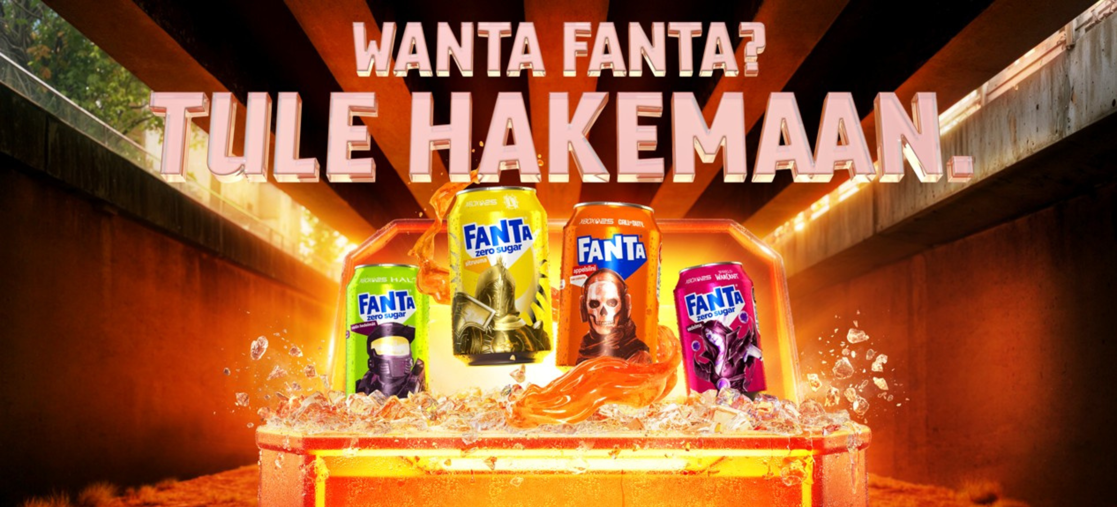 Palkintoarkku on auki paljastaen Fanta tölkit missä pelit: Call of Duty, Diablo IV, Halo ja World of Warcraft. Tekstissä lukee: "Wanta Fanta? Tule hakemaan."