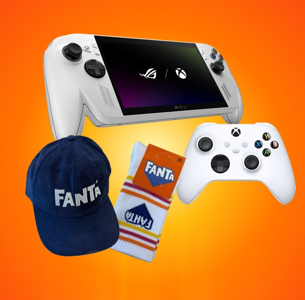A white handheld gaming console and a white Xbox controller are displayed against a bright orange background, alongside a navy Fanta-branded cap and a pair of Fanta-branded socks arranged as a promo-style bundle.