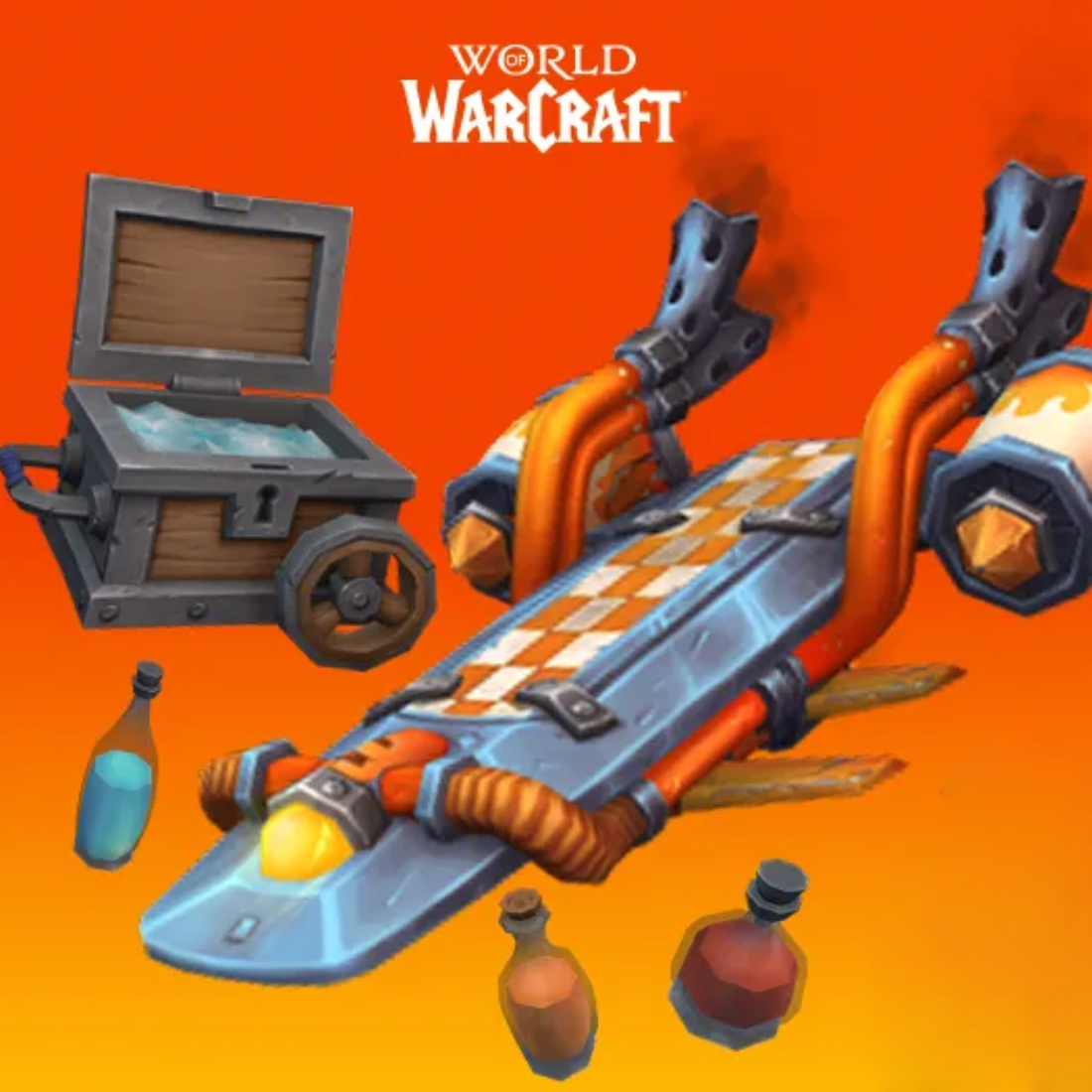 Det fantastiske goblin Waveshredder‑skateboard‑tilbehør, en farvbar flaske og en robust bærbar iskøler mod en orange baggrund og under et World of Warcraft‑logo