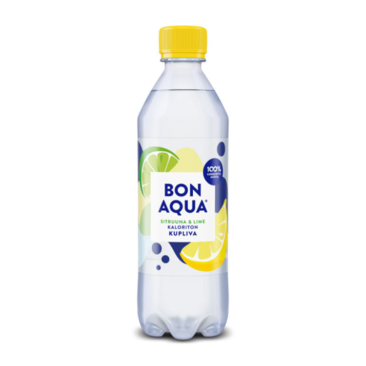 Sirruuna-lime Bonaqua-muovipullo, valkoinen tausta
