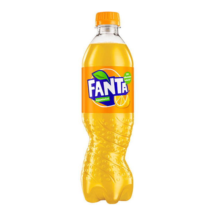 Fanta Orange muovipullo harmaalla taustalla