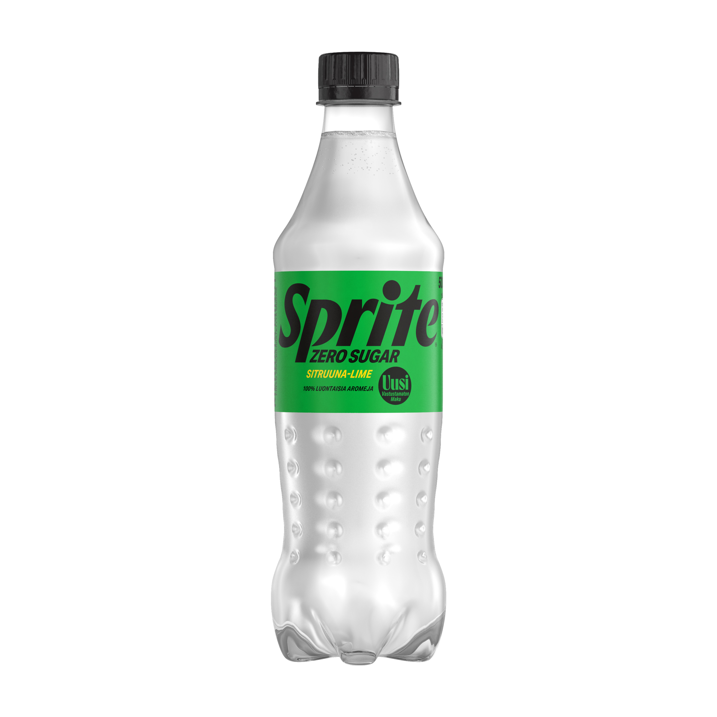 Muovinen sokeriton Sprite-pullo harmaalla taustalla
