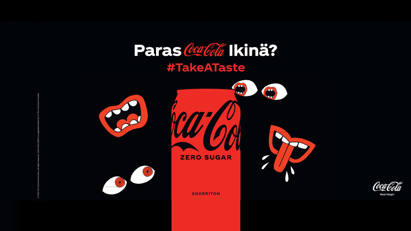 Coca-Cola Zero tölkki mustalla taustalla, suu- ja silmäkuvia