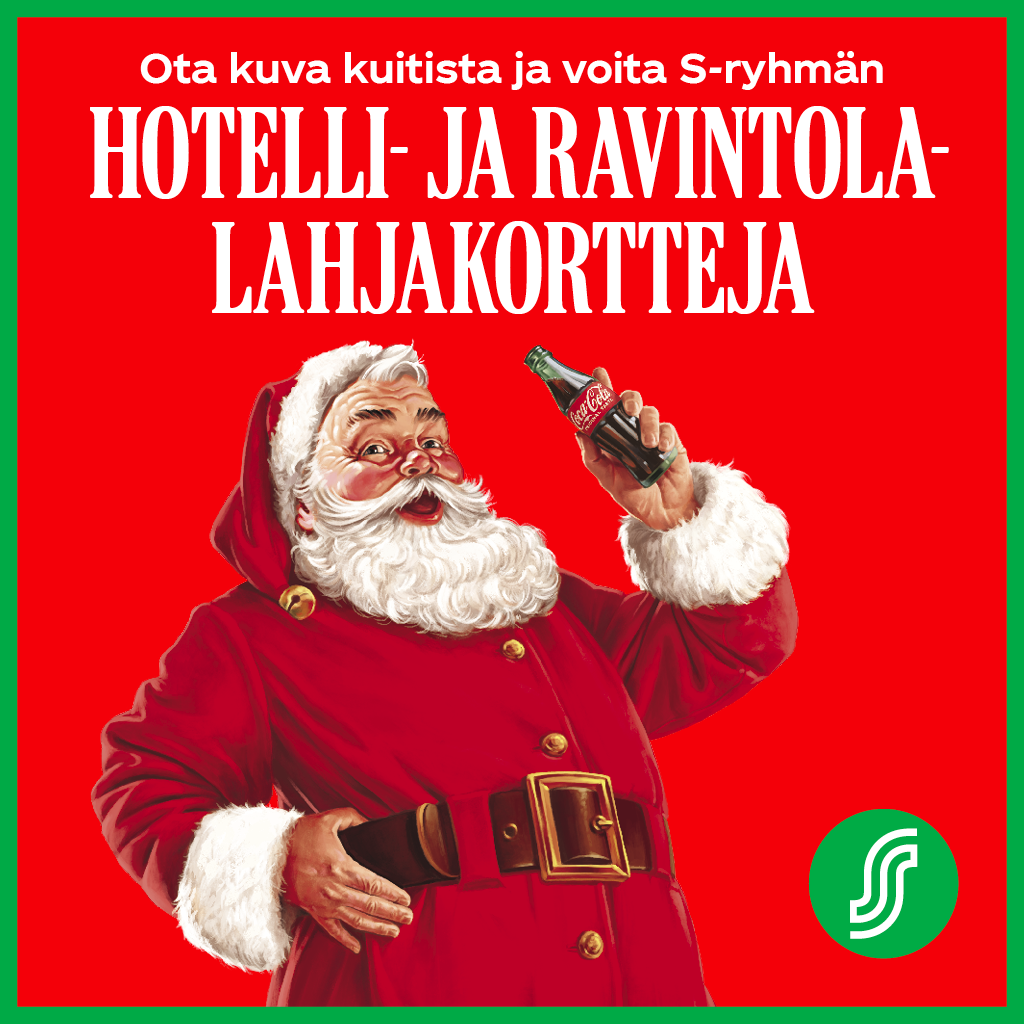 Kuva joulupukista pitelee Coca-Cola-pulloa punaisella taustalla