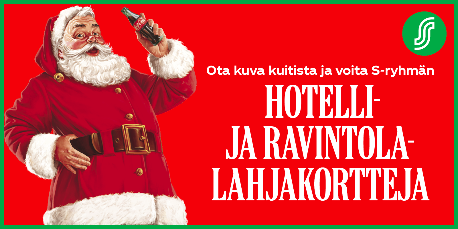 Kuva joulupukista pitelee Coca-Cola-pulloa punaisella taustalla