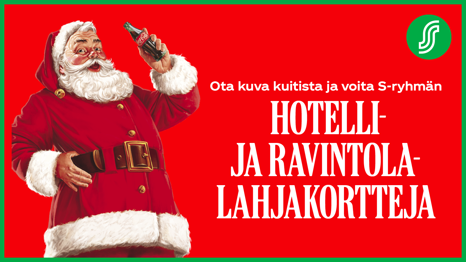 Kuva joulupukista pitelee Coca-Cola-pulloa punaisella taustalla