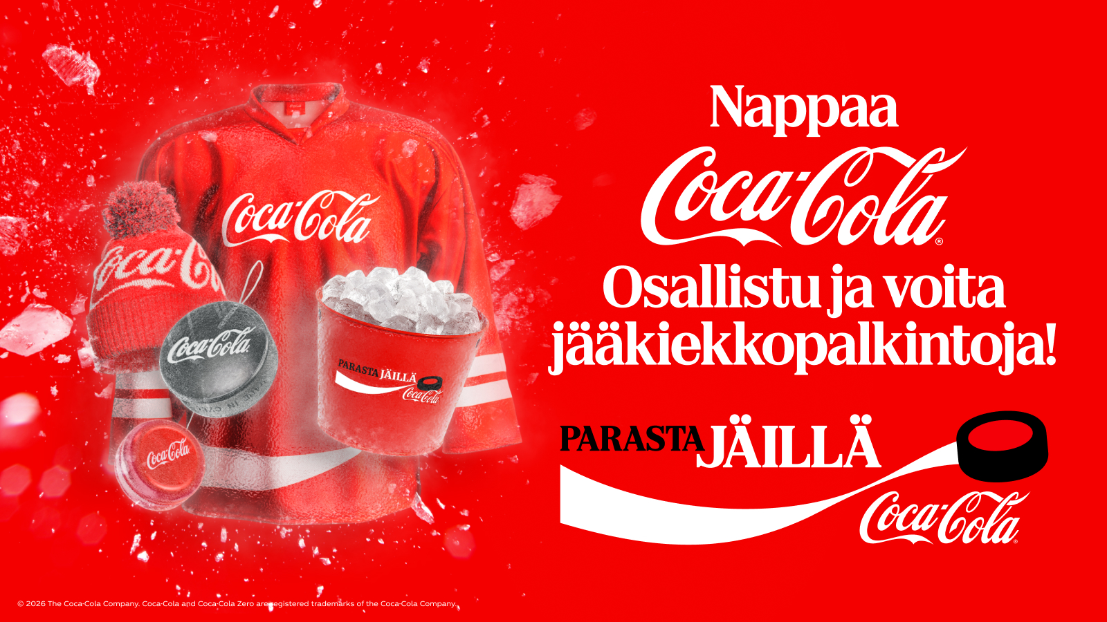 Coca-Cola-merkkisiä jääkiekkotuotteita punaisella taustalla