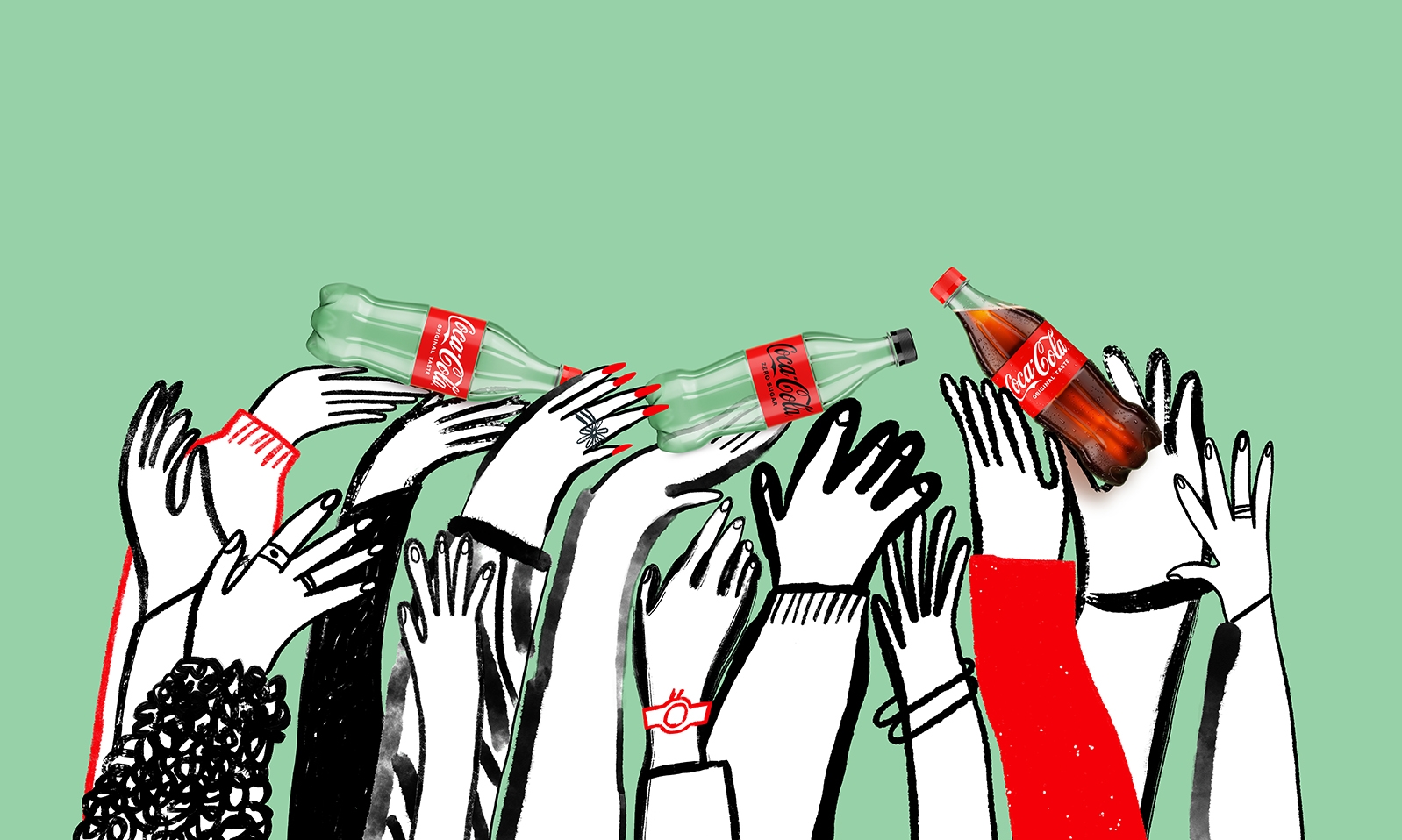 ihreä Coca-Colan kierrätysmainos. Piirretyt kädet ja Coca-Cola-pullot. ​