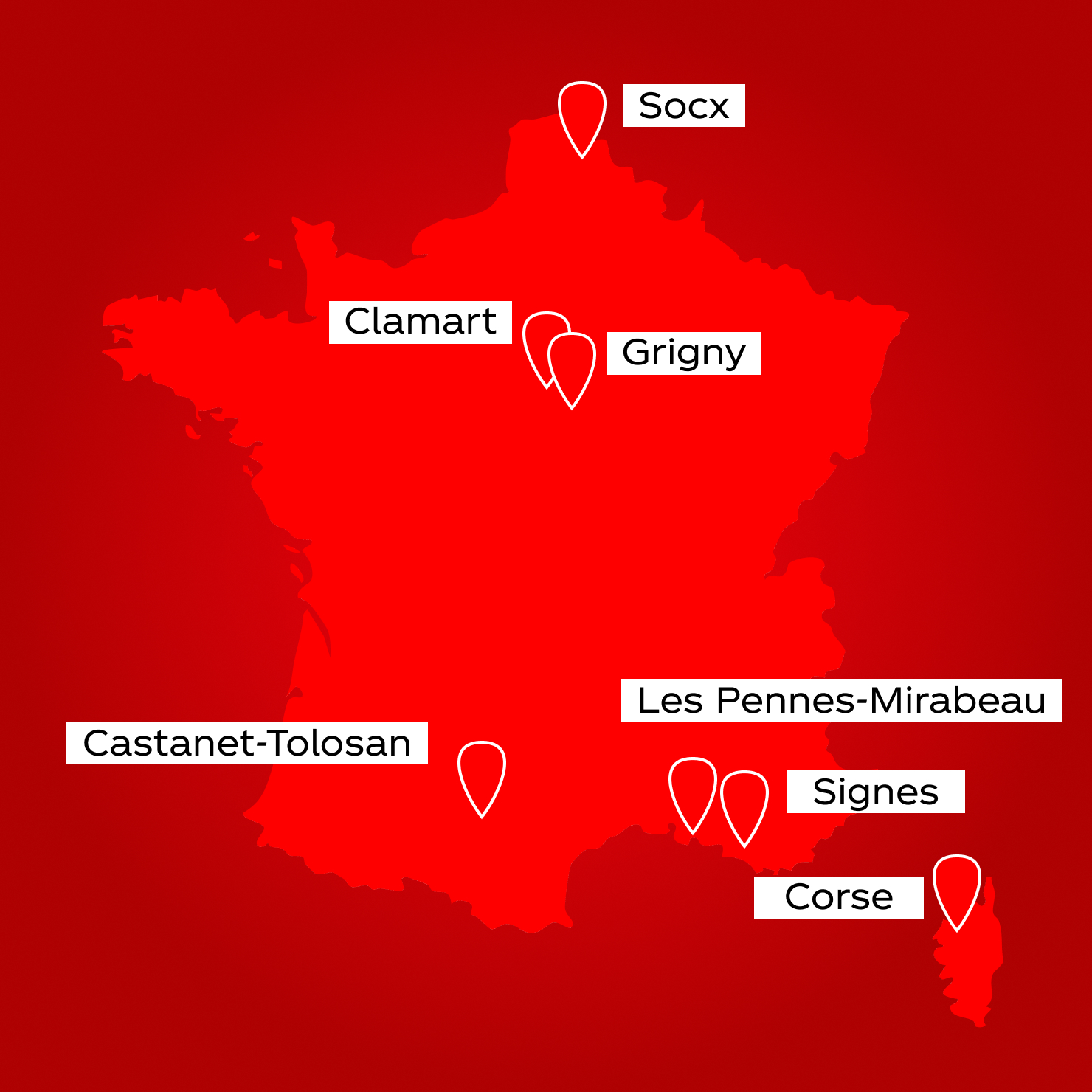Carte de la France avec des épingles à Socx, Clamart, Grigny, Castanet-Tolosan, Les Pennes-Mirabeau, Signes, Corse.