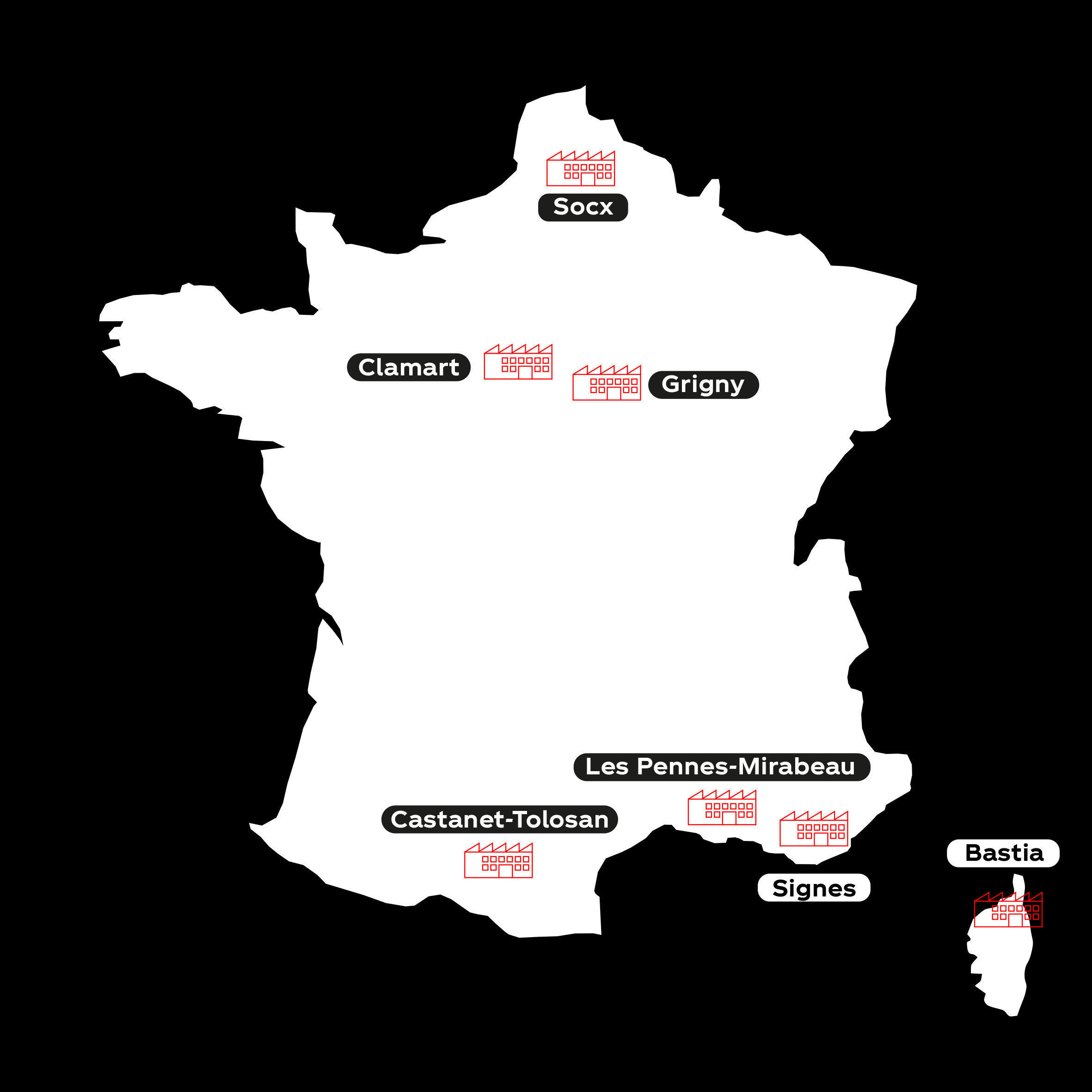 Carte de la France avec des épingles à Socx, Clamart, Grigny, Castanet-Tolosan, Les Pennes-Mirabeau, Signes, Corse.