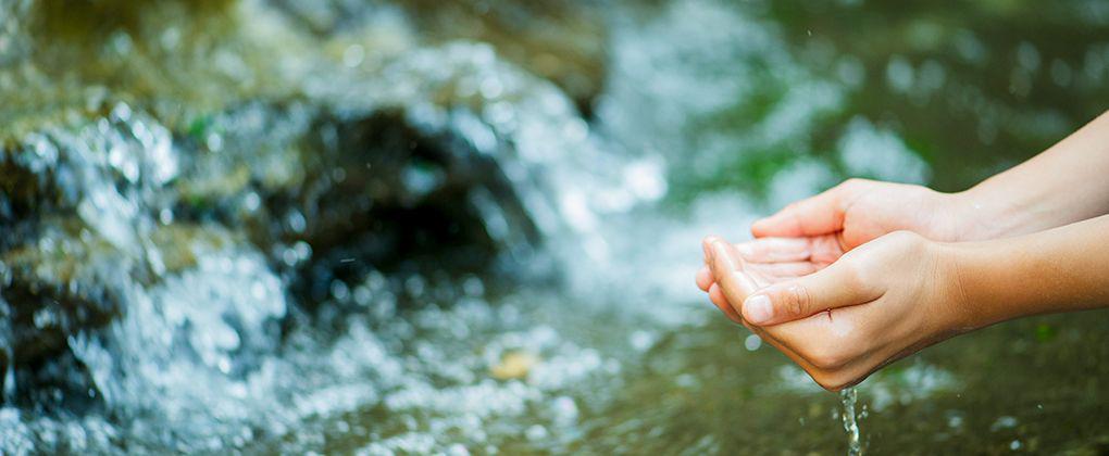 Des mains versant de l'eau depuis la rivière