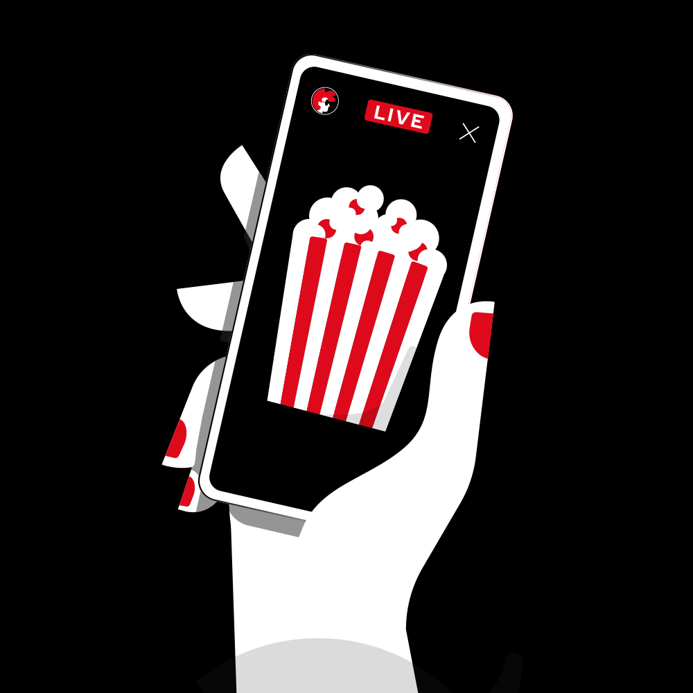 Illustration of a hand holding a smartphone with a popcorn image 
