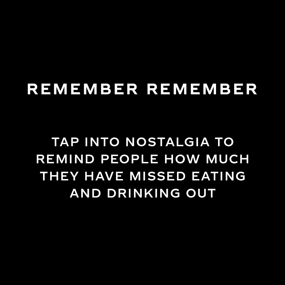 White text says 'Remember remember. Tap into nostalgia to remind people how much they have missed eating and drinking out' on black background
