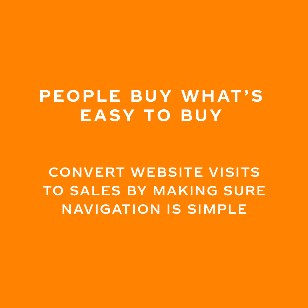 White text says 'People buy what's easy to buy. Convert website visits to sales by making sure navigation is simple' on orange background