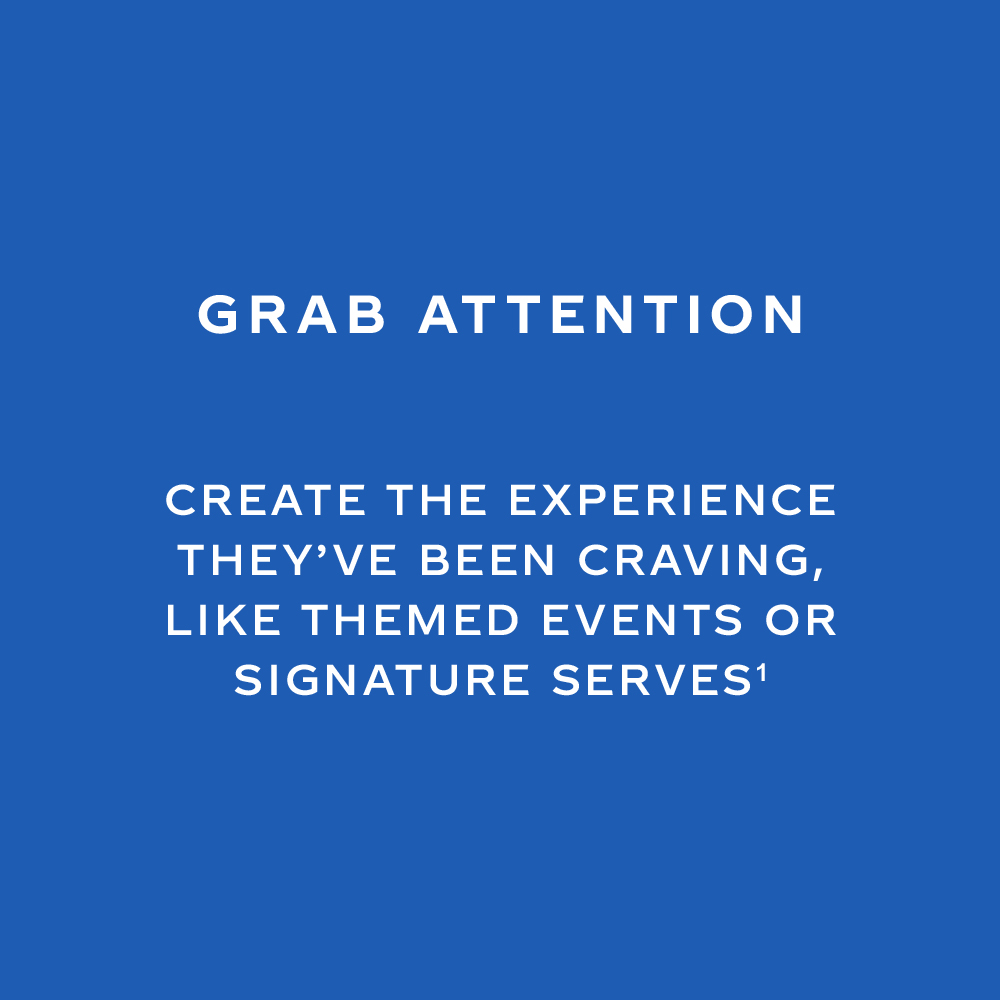 White text says 'Grab attention. Create the experience they've been craving, like themed events or signature serves' on blue background