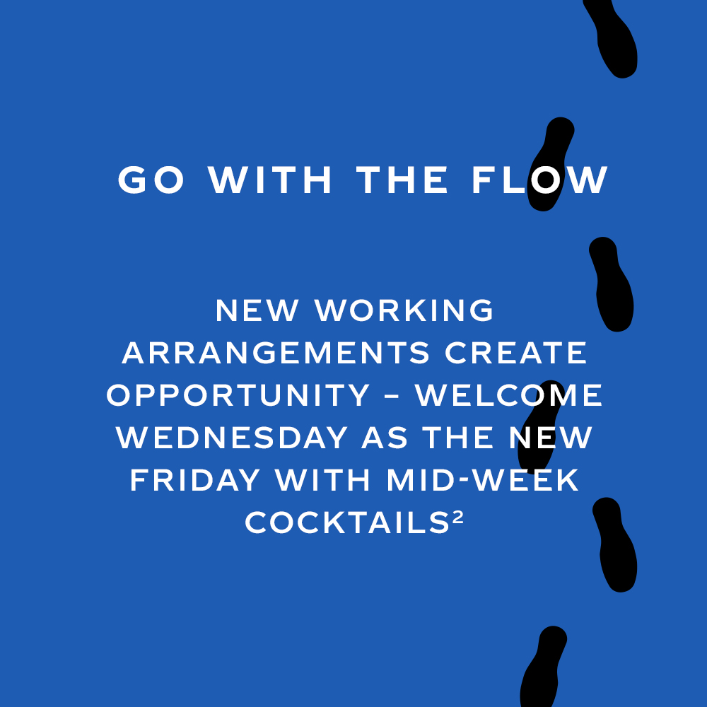 White text says 'Go with the flow. New working arrangements create opportunity - welcome Wednesday as the new Friday with mide-week cocktails'