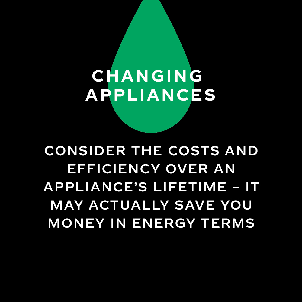 Illustration of a drop of water on black background with the following text 'Changing appliances. Consider the costs and efficiency over an appliance's lifetime - it may actually save you money in energy terms'