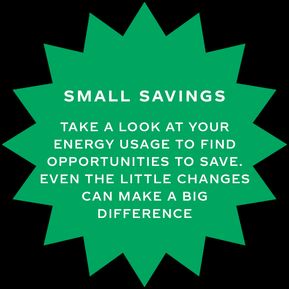 Illustration of a green spiked-circle on black background with the following text 'Small savings. Take a look at at your energy usage to find opportunities to save. Even the little changes can make a big difference'