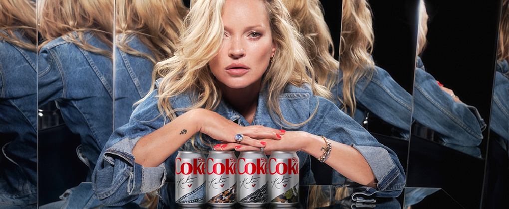 Model Kate Moss photoshoot with Diet Coke cans 