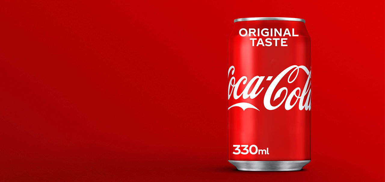 Coca-Cola Original Taste can with red background.