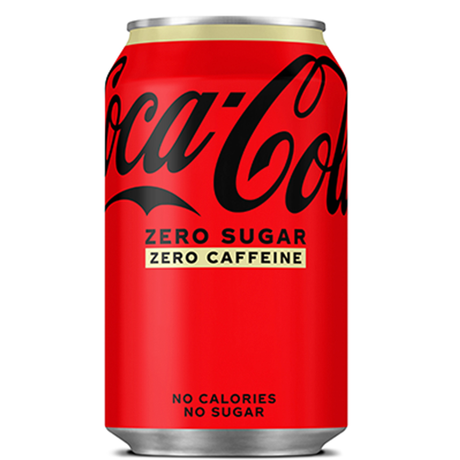 Coca-Cola Zero Sugar Zero Caffeine can on white background.