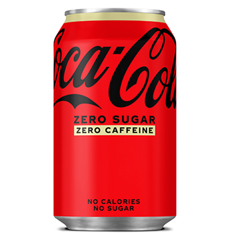 Coca-Cola Zero Sugar Caffeine Free can on white background.