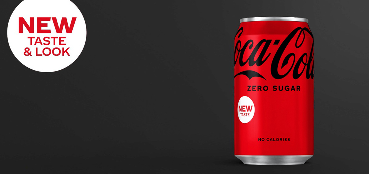 Coca-Cola Zero Sugar can on dark grey background.