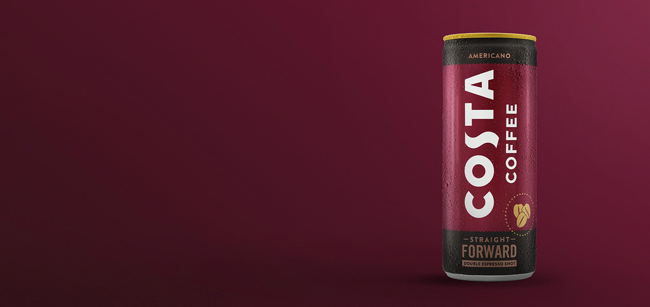 Costa Coffee can on dark red background.