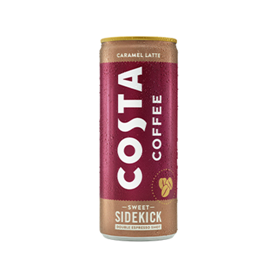 Costa Coffee Ready-to-Drink Caramel Latte can on white background.