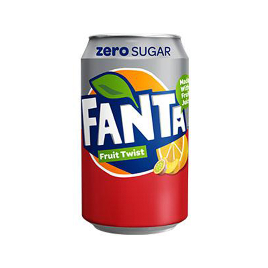 Fanta Fruit Twist Zero can on white background.