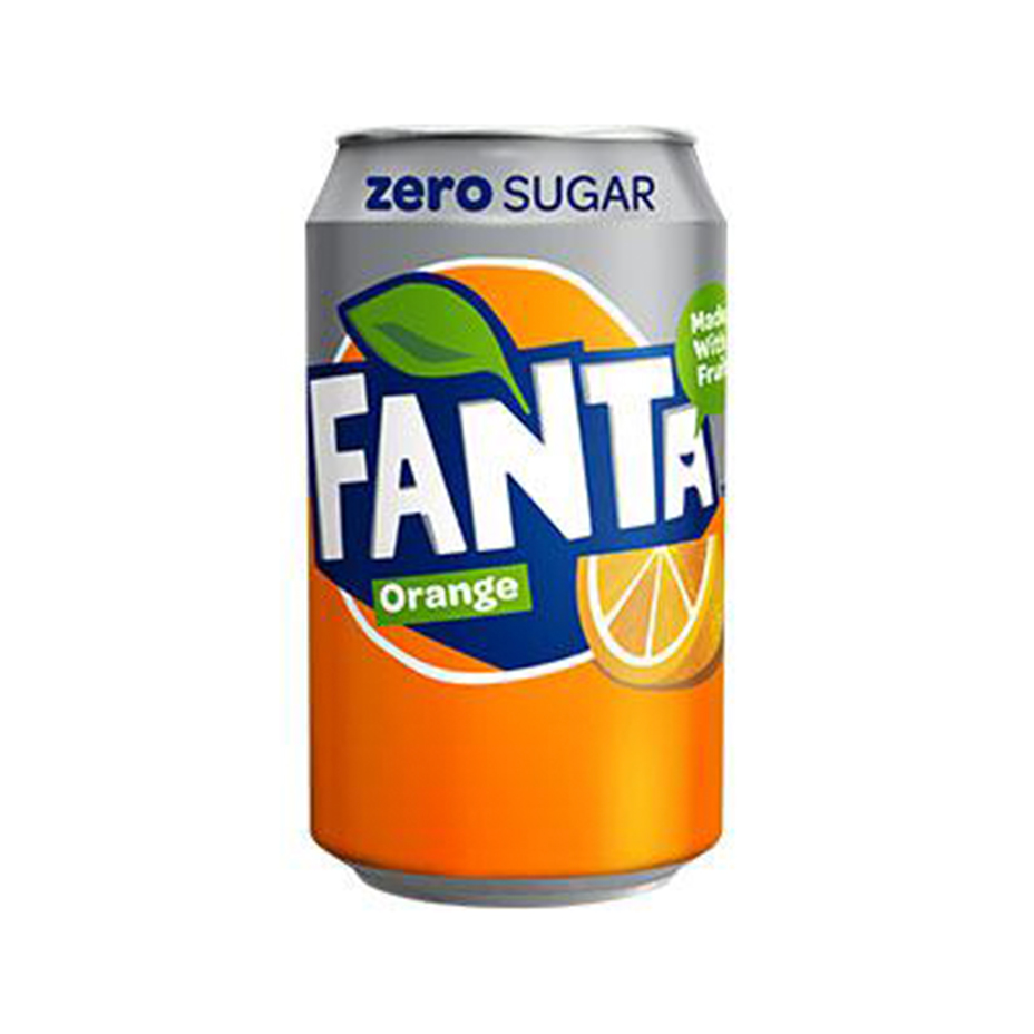 Fanta Orange Zero can on white background.