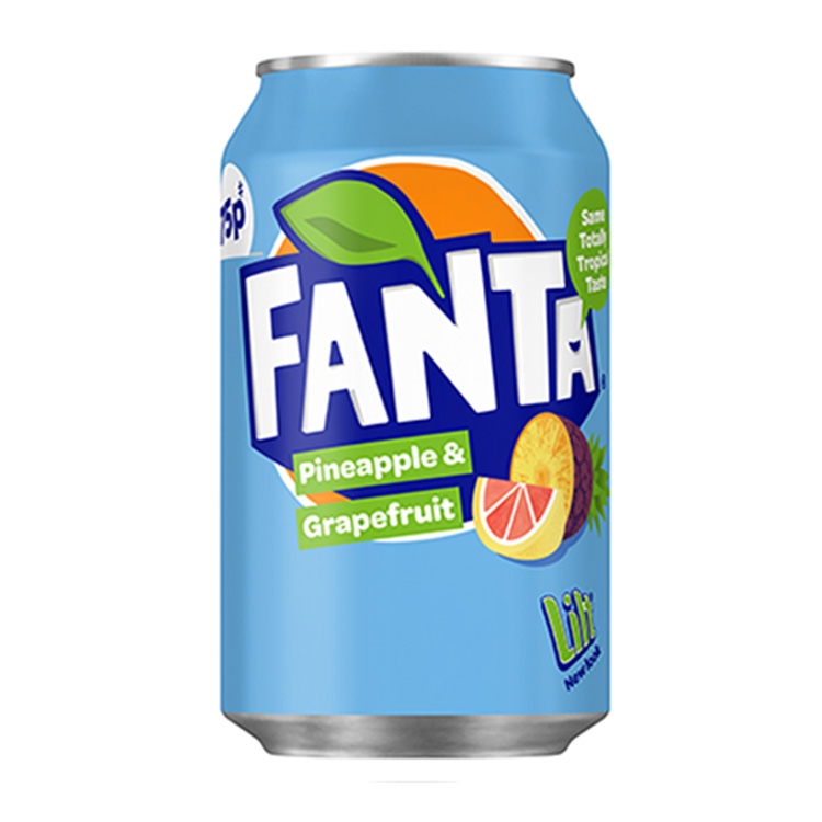 Fanta Pineapple & Grapefruit can on white background.