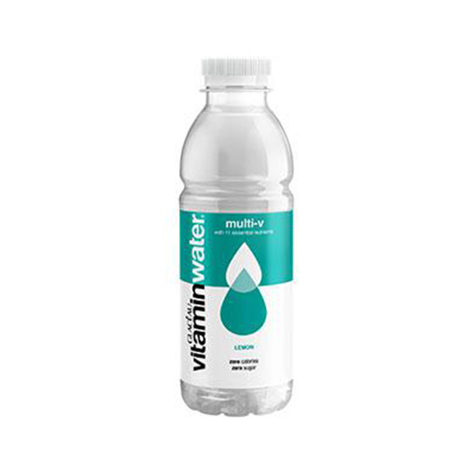 Multi-V Lemon flavour GLACÉAU Vitaminwater bottle on white background.