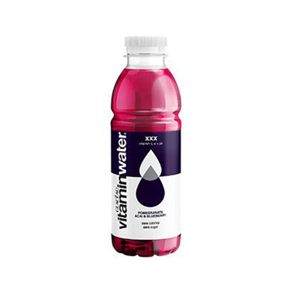 XXX Pomegranate Acai & Blueberry flavour GLACÉAU Vitaminwater bottle on white background.