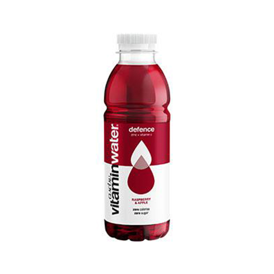 Defence Raspberry & Apple flavour GLACÉAU Vitaminwater bottle on white background.