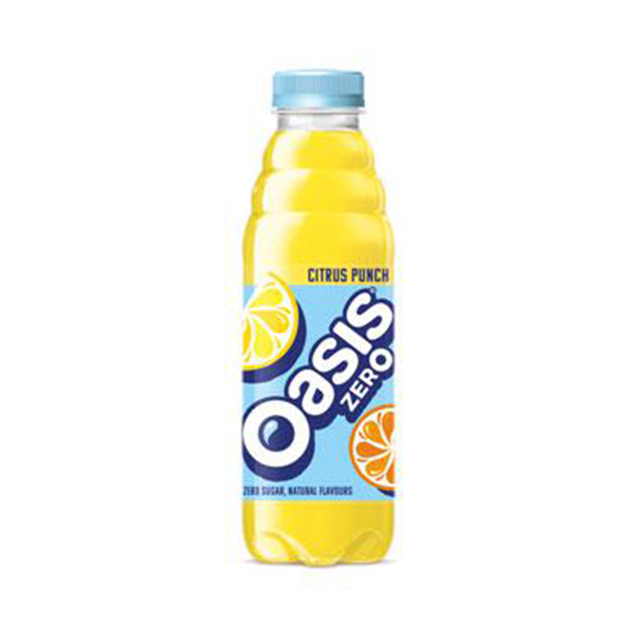 Oasis Citrus Punch Zero bottle on white background.