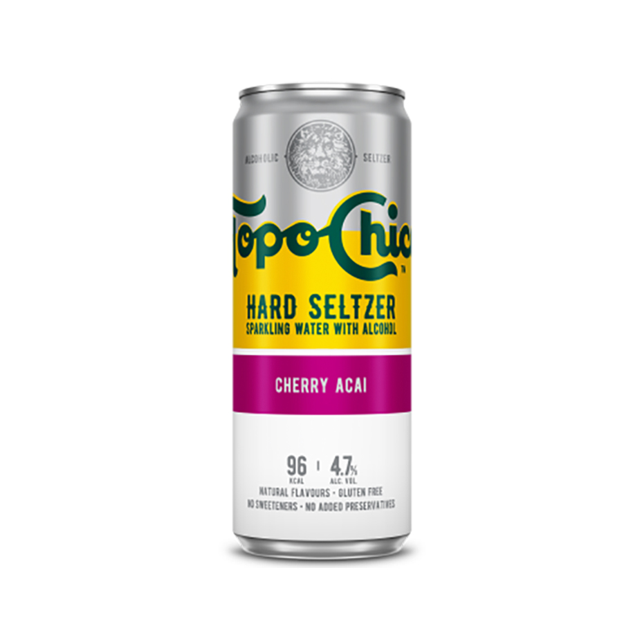 Topo Chico Cherry Acai can on white background.