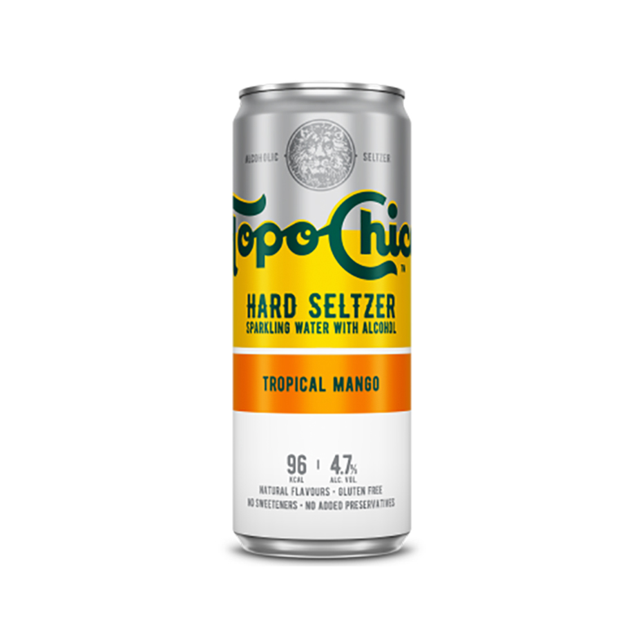 Topo Chico Tropical Mango can on white background.