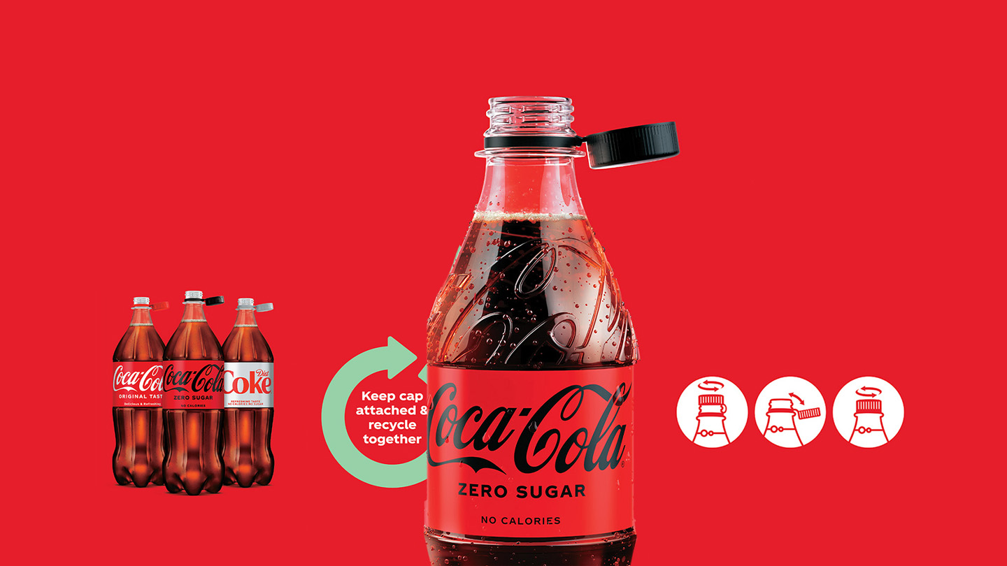 Coca-Cola bottles with attached caps on a red background 