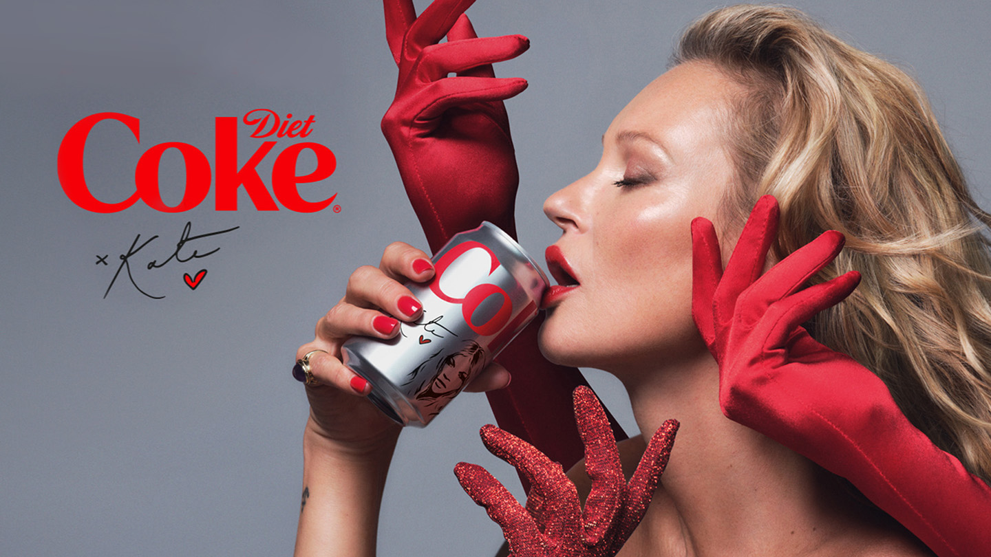 Model Kate Moss sipping from a can of Diet Coke