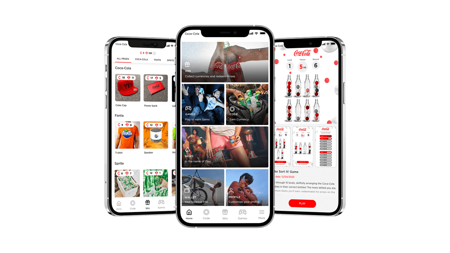 Smartphones displaying Coca-Cola app screens
