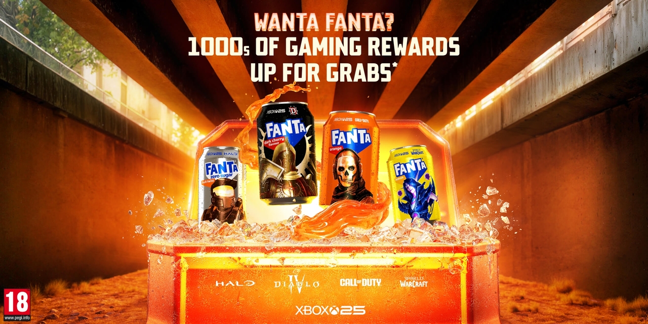 A rewards chest opened to reveal Fanta cans featuring characters from Forza Horizon 6, Call of Duty, Diablo IV, Halo and World of Warcraft. Text reads: "Wanta Fanta? 1000s of Gaming Rewards up for grabs"