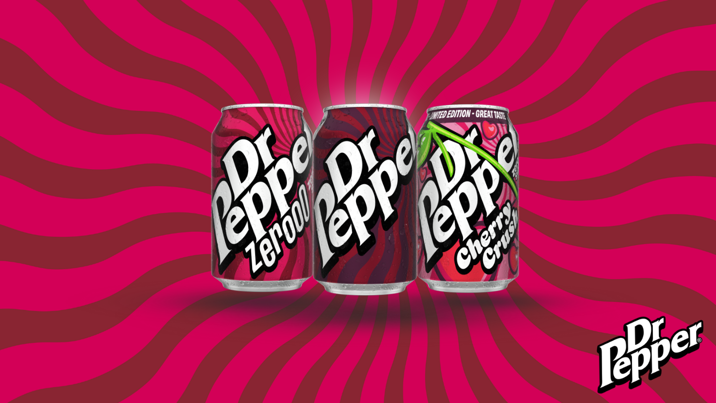 dr pepper regular, zero and cherry cans on pink background