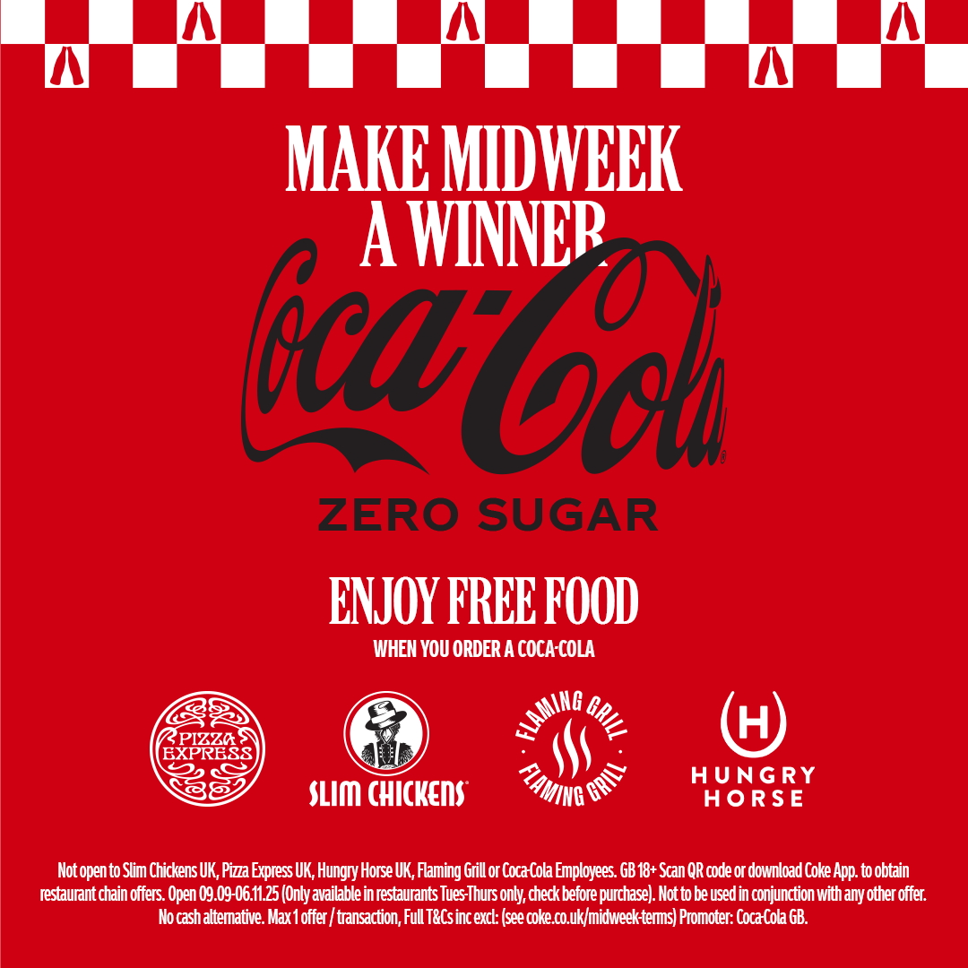make a midweek a winner text, and coca-cola zero sugar logo  pizzaexpress, hungry horse, slim chickens, and flaming grill logo on red background