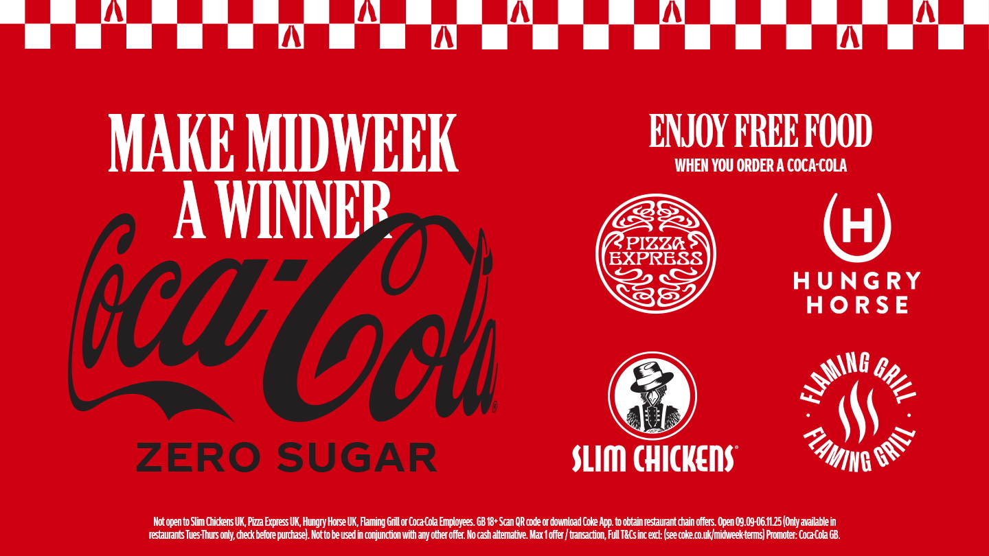 make midweek a winner text, and coca-cola zero sugar logo  pizzaexpress, hungry horse, slim chickens, and flaming grill logo on red background