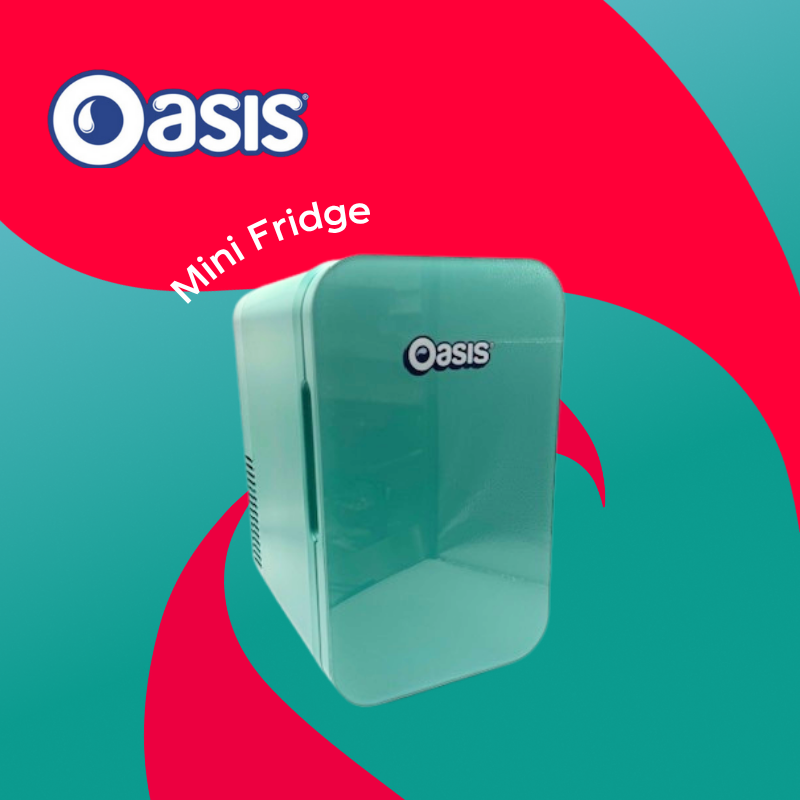 branded oasis mini fridge on blue bakcground