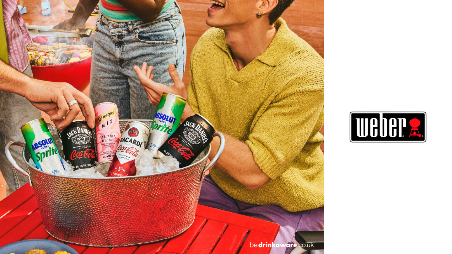 people on the patio enjoying diverse drinks and weber logo