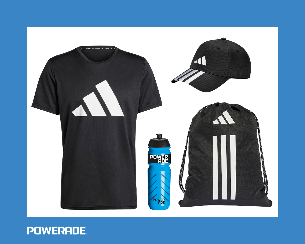 adidas run it t-shirt, running cap, gymsack, squeeze bottle