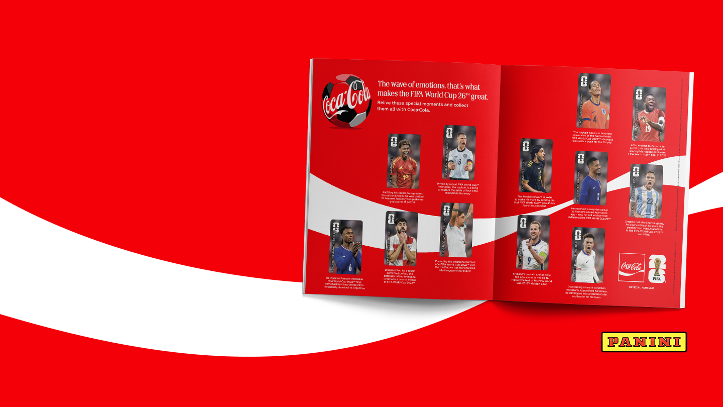 Open Panini–Coca-Cola FIFA World Cup sticker album displaying multiple player stickers on red Coca-Cola–branded pages.