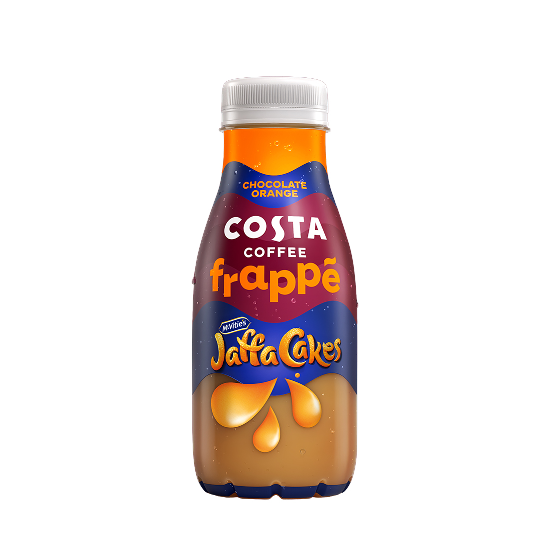 Costa Coffee Ready-to-Drink Jaffa Cakes frappé on white background.
